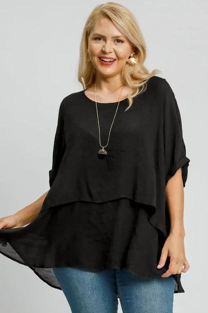 Umgee Full Size Cuffed Half Sleeve Layered Top Plus Size