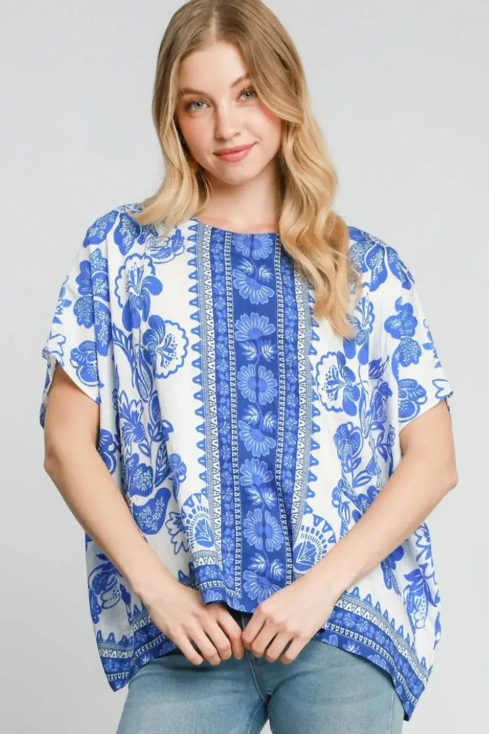 Umgee Full Size Floral Border Print Oversized Top Plus Size - Blue / S