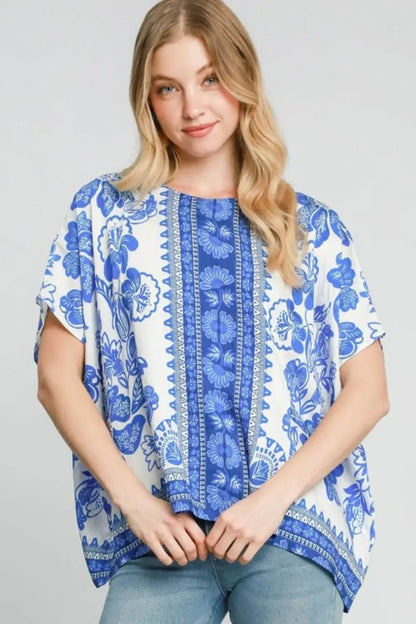 Umgee Full Size Floral Border Print Oversized Top Plus Size - Blue / S