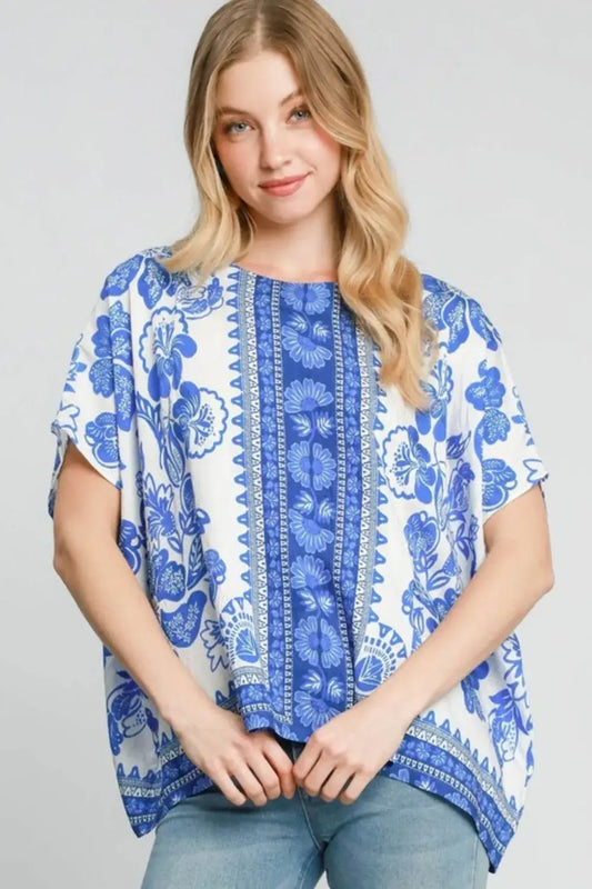 Umgee Full Size Floral Border Print Oversized Top Plus Size - Blue / S