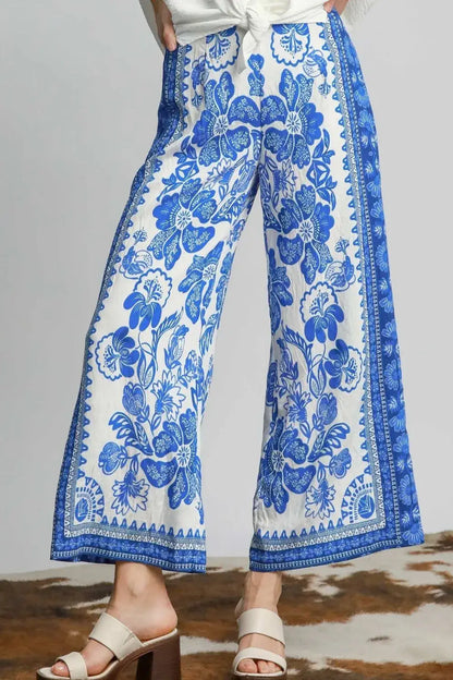 Umgee Full Size Floral Border Print Pants Plus Size - Blue / S
