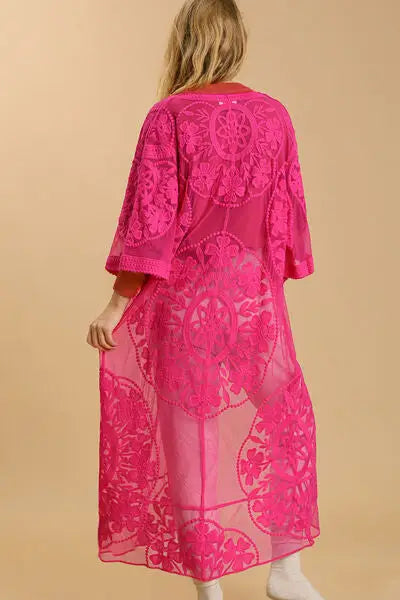 Fuchsia pink floral lace open sheer kimono with embroidery and waist tie for plus size