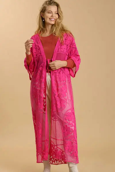 Women’s long hot pink floral lace open front kimono with wide sleeves and waist tie