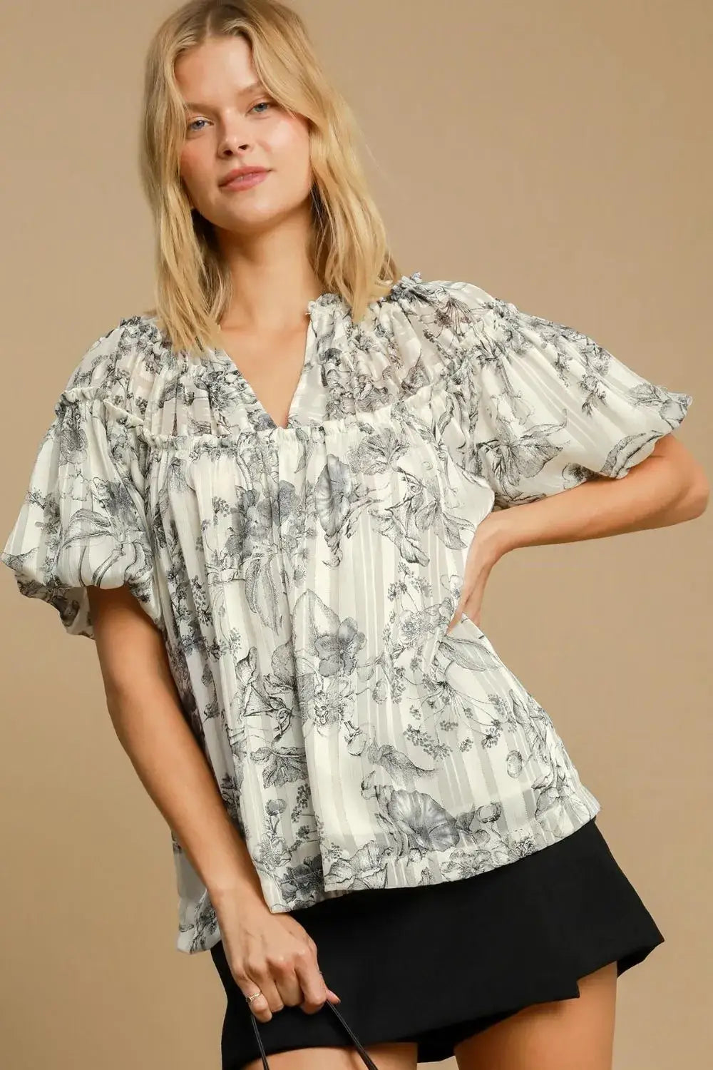 Umgee Full Size Floral Print Metallic Ruffle Blouse Plus Size