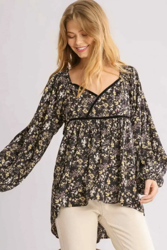 Umgee Full Size Floral Print Velvet Trimmed Balloon Sleeve Top Plus Size - Black / S