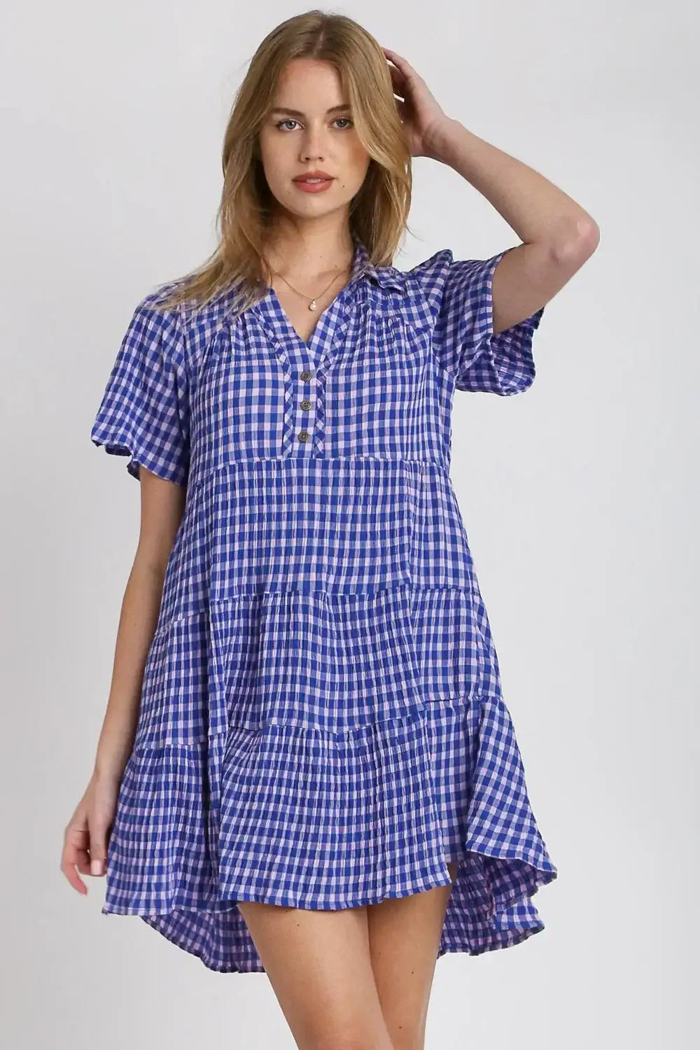 Umgee Full Size Gingham Tiered Button Detail Short Sleeve Dress Plus Size - Blue / S