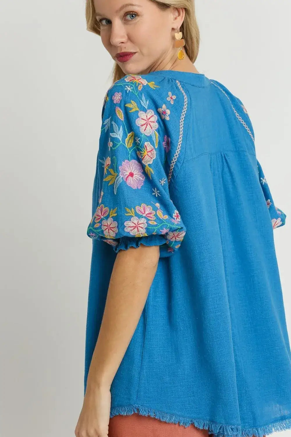 Umgee Full Size Half Button Top with Embroidery Sleeves Plus Size