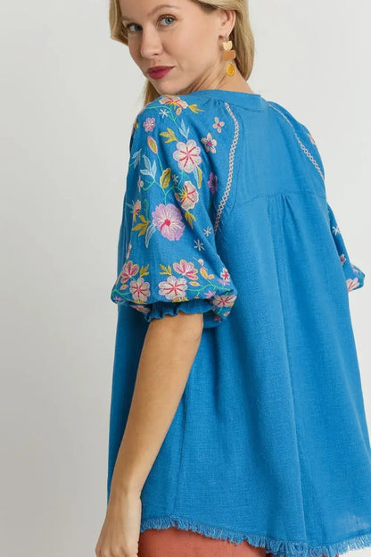 Umgee Full Size Half Button Top with Embroidery Sleeves Plus Size