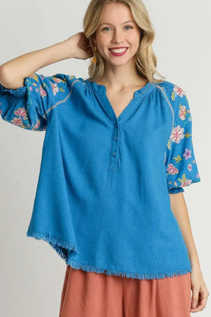 Umgee Full Size Half Button Top with Embroidery Sleeves Plus Size - Cerulean / S
