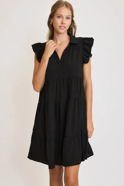 Umgee Full Size Johnny Collar Ruffle Cap Sleeve Tiered Dress Plus Size - Black / S