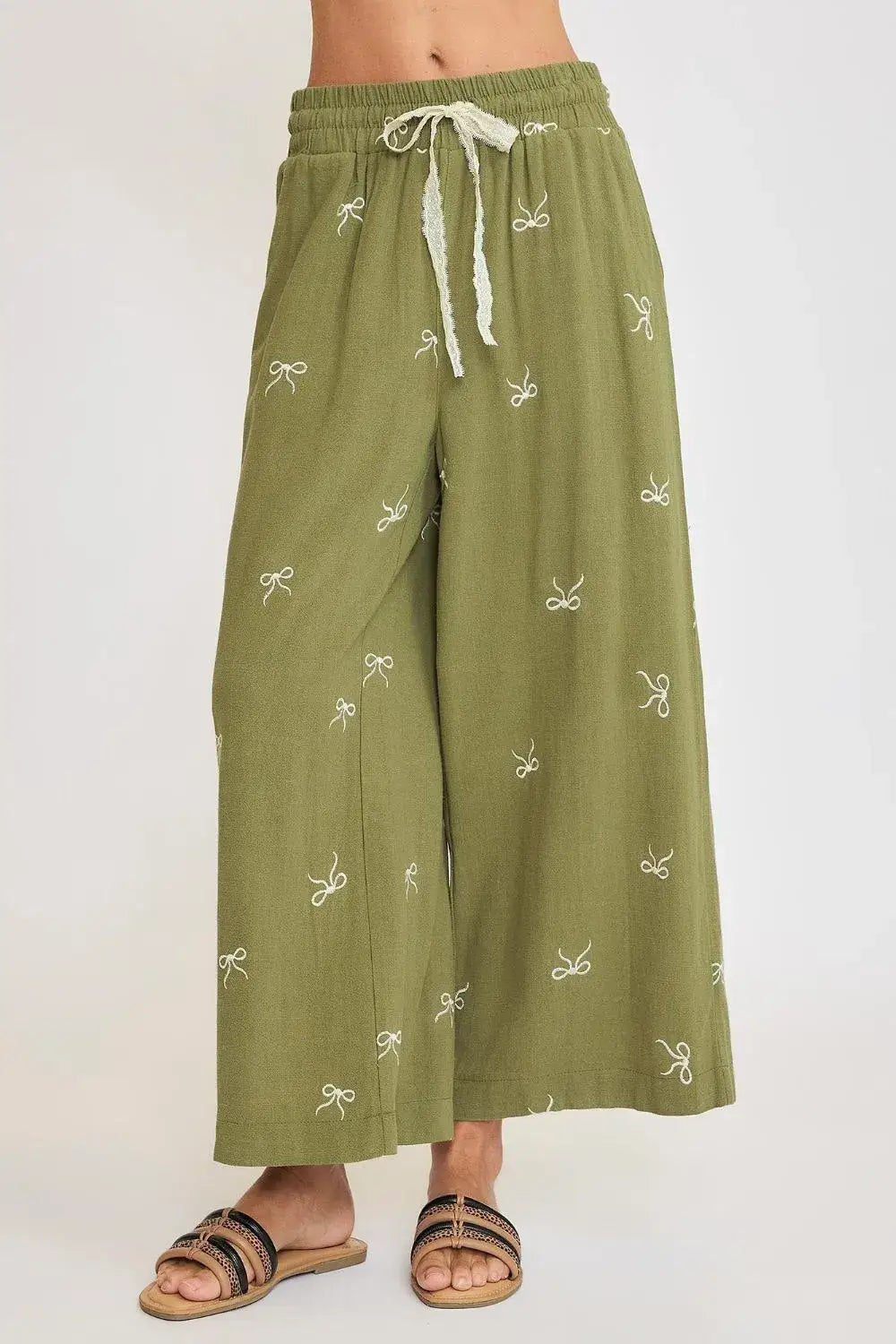 Umgee Full Size Lace Drawstring Embroidered Bow Wide Leg Pants Plus Size - Yellow-Green / S