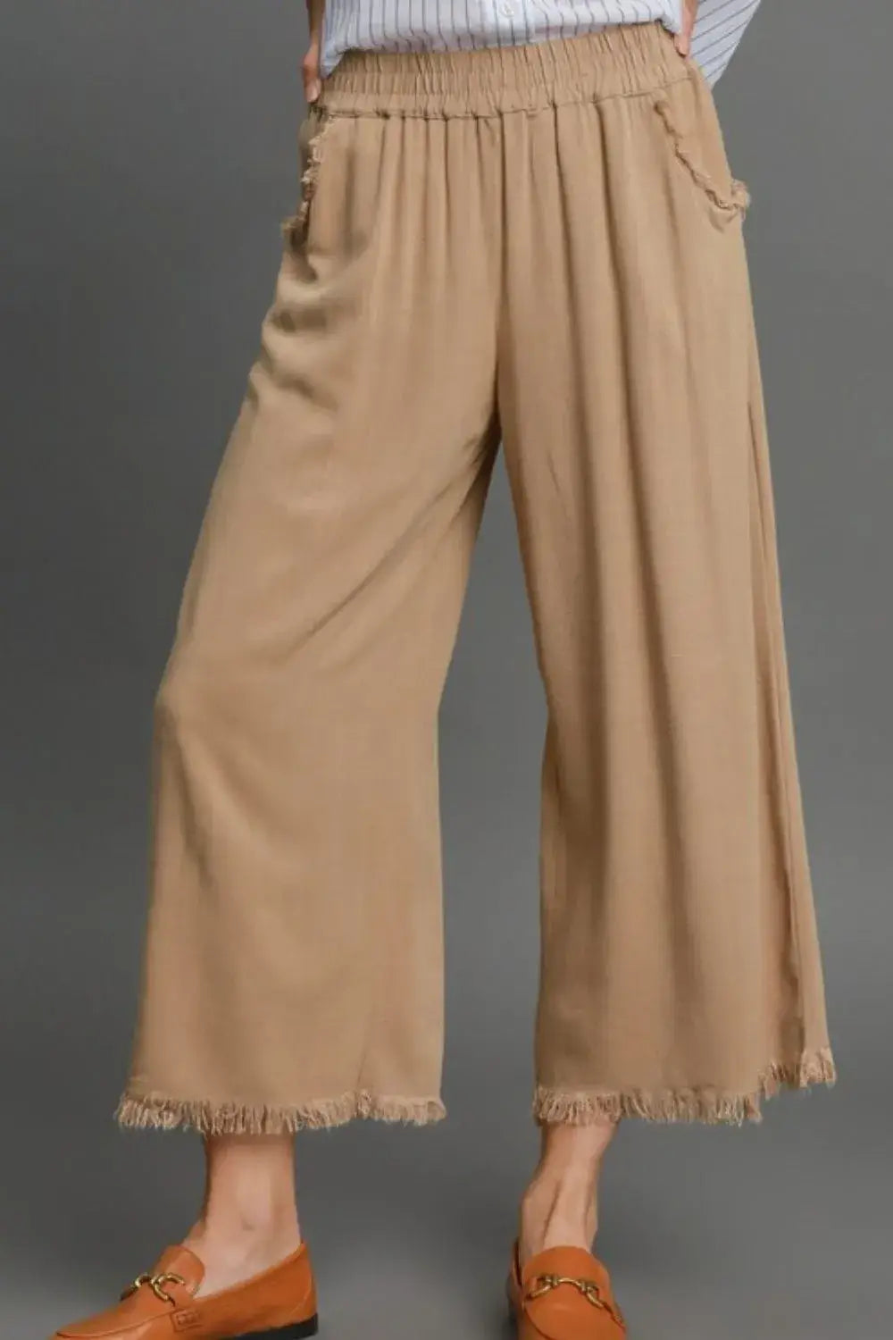 Umgee Full Size Linen Blend Elastic Waistband Wide Leg Pants Plus Size - Camel / S