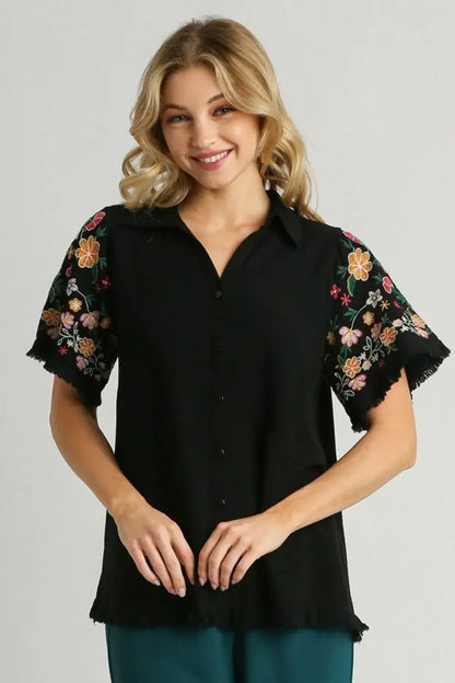 Umgee Full Size Linen Shirt with Embroidered Sleeves Plus Size