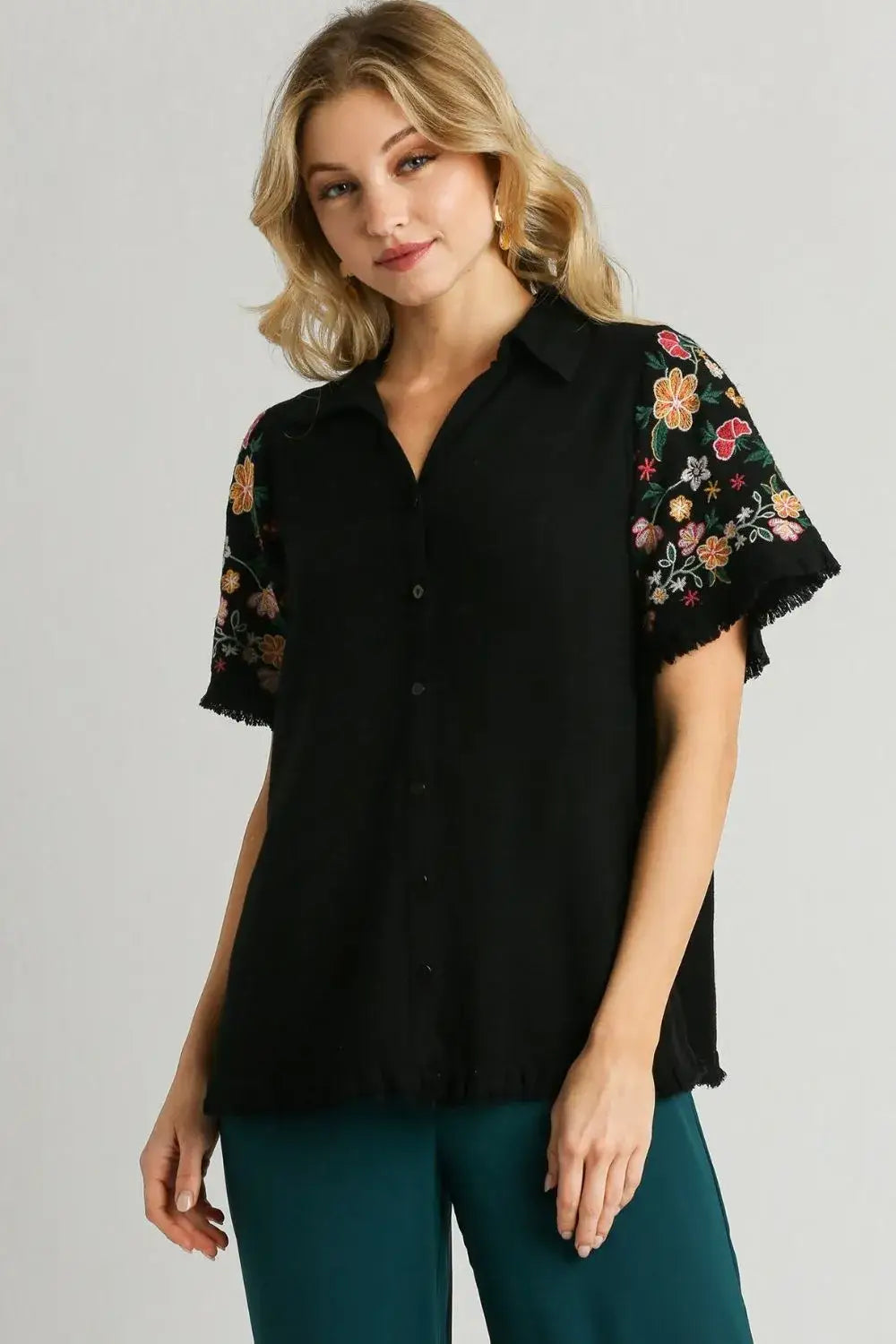 Umgee Full Size Linen Shirt with Embroidered Sleeves Plus Size - Black / S