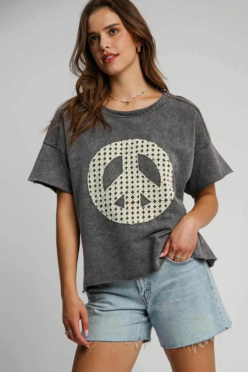 Umgee Full Size Mineral Wash T-Shirt with Lace Applique Plus Size - CHARCOAL / S