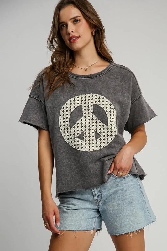 Umgee Full Size Mineral Wash T-Shirt with Lace Applique Plus Size - CHARCOAL / S