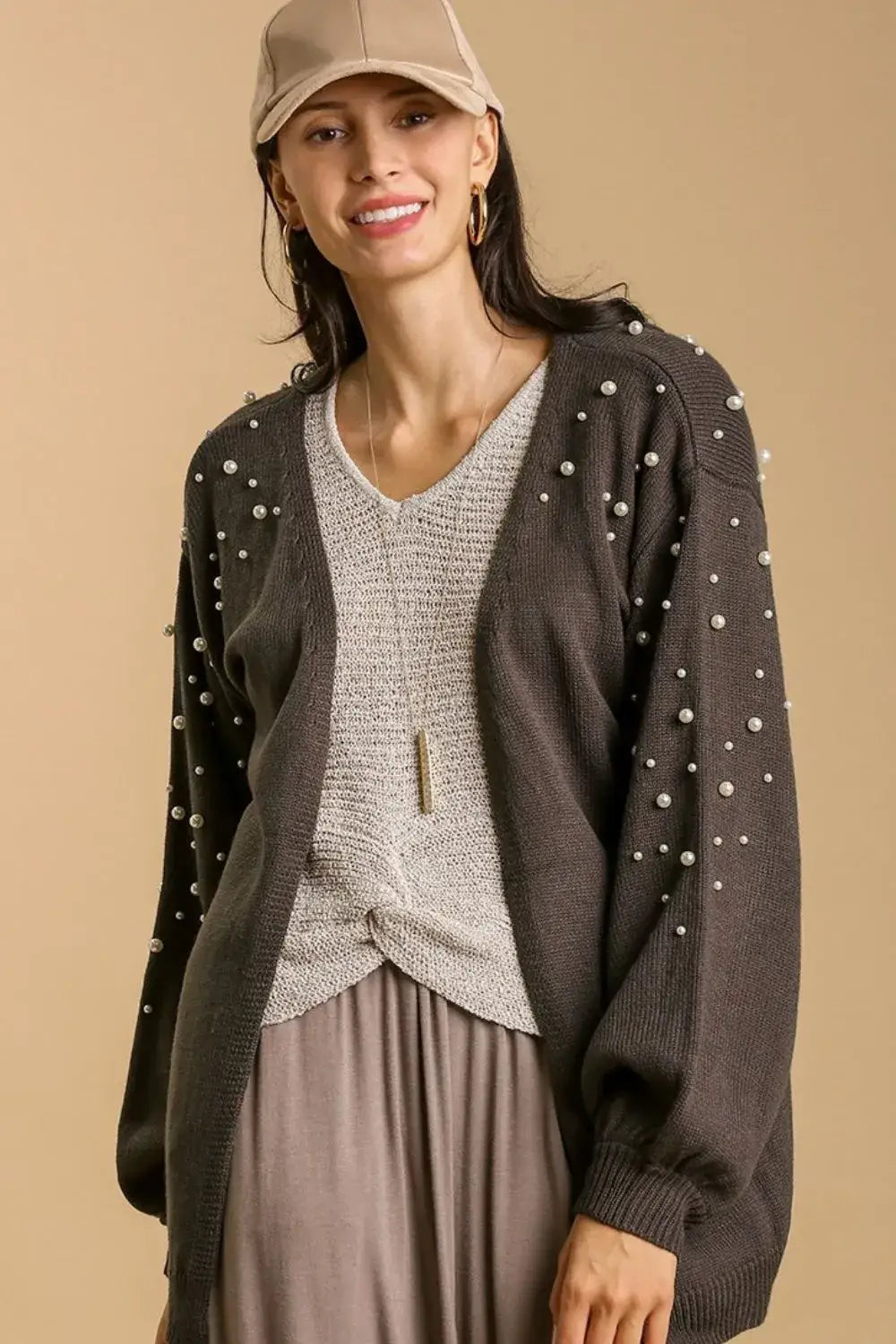 Umgee Full Size Open Front Cardigan with Long Sleeve Pearl Details Plus Size - Sweaters & Cardigans/Cardigans