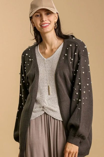 Umgee Full Size Open Front Cardigan with Long Sleeve Pearl Details Plus Size - Sweaters & Cardigans/Cardigans