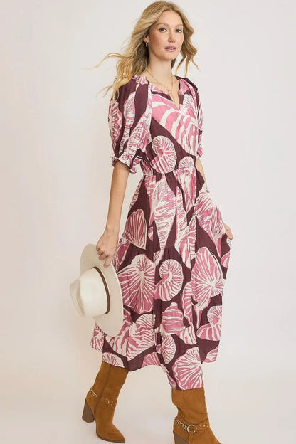 Umgee Full Size Printed Notched Puff Sleeve Midi Dress Plus Size - dress