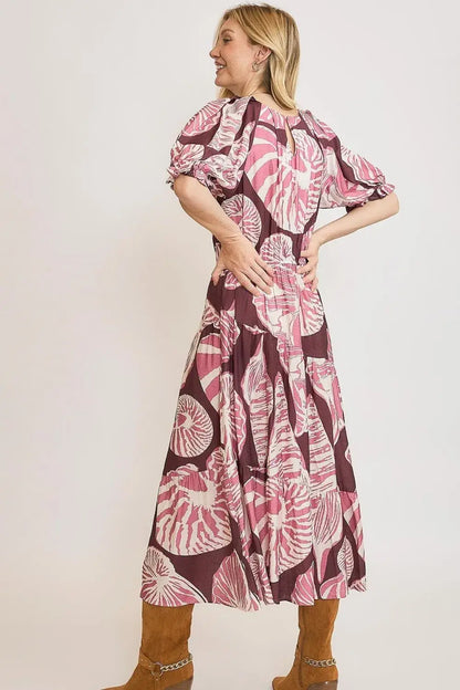 Umgee Full Size Printed Notched Puff Sleeve Midi Dress Plus Size - dress