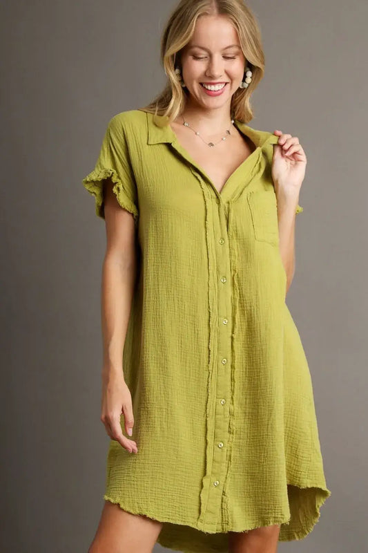 Umgee Full Size Raw Hem Button Down Short Sleeve Gauze Shirt Dress Plus Size - Yellow-Green / S