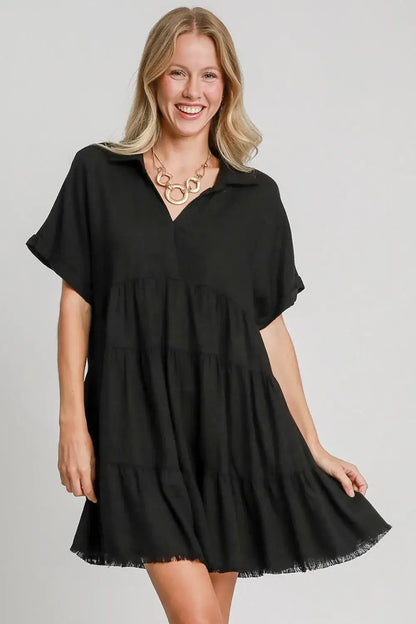 Umgee Full Size Raw Hem Folded Sleeve Tiered Dress Plus Size - Black / S