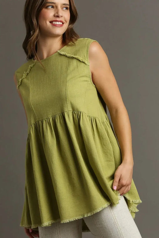 Umgee Full Size Raw Hem Linen Round Neck Sleeveless Top Plus Size - Yellow-Green / S