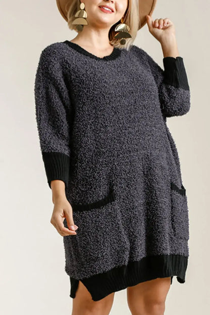 Umgee Full Size Ribbed Hem Round Neck 3/4 Sleeve Sweater Dress with Pockets Plus Size