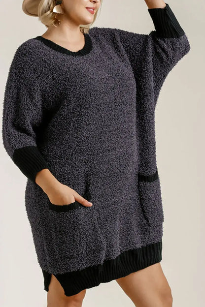 Umgee Full Size Ribbed Hem Round Neck 3/4 Sleeve Sweater Dress with Pockets Plus Size