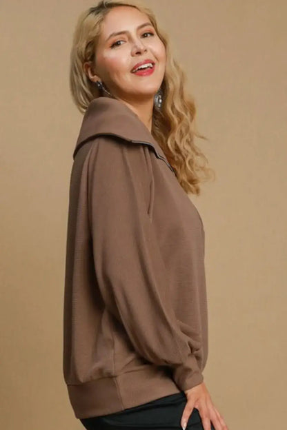 Umgee Full Size Ribbed Knit Half Zipper Sweatshirt Plus Size