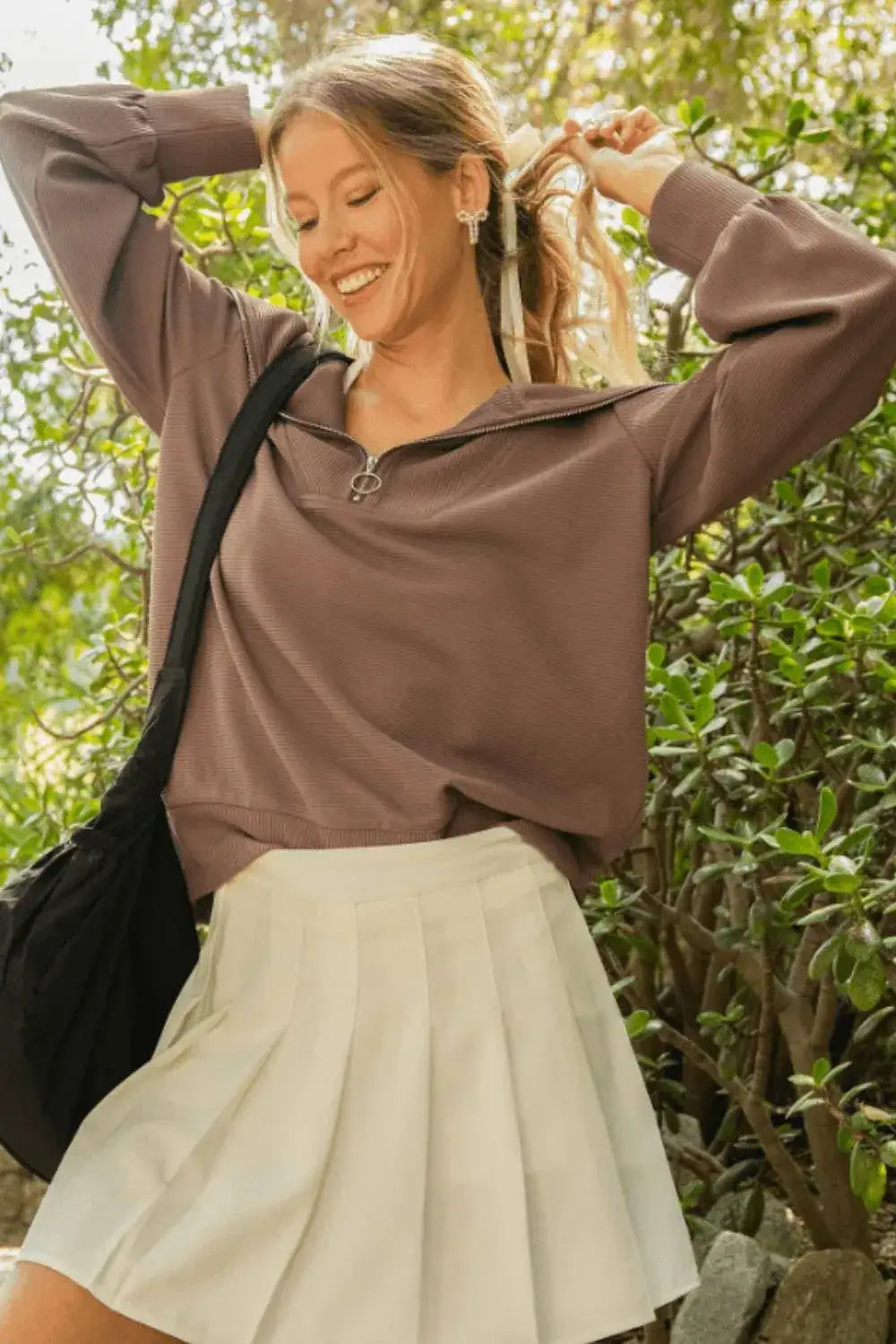 Umgee Full Size Ribbed Knit Half Zipper Sweatshirt Plus Size - Brown / S