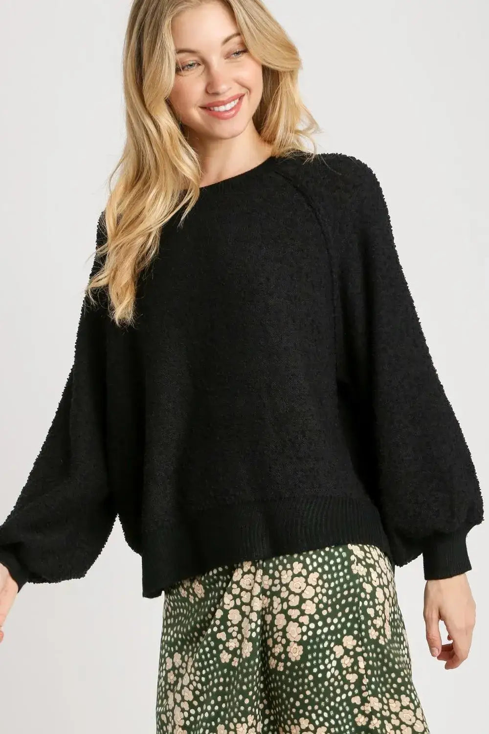 Umgee Full Size Round Neck Long Sleeve Sweater Plus Size - Black / S