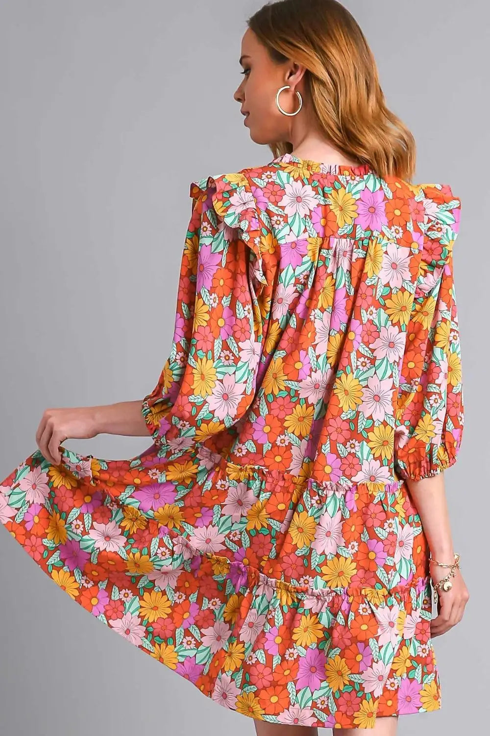 Umgee Full Size Ruffled Flower Print Tie Neck Tiered Dress Plus Size - dress