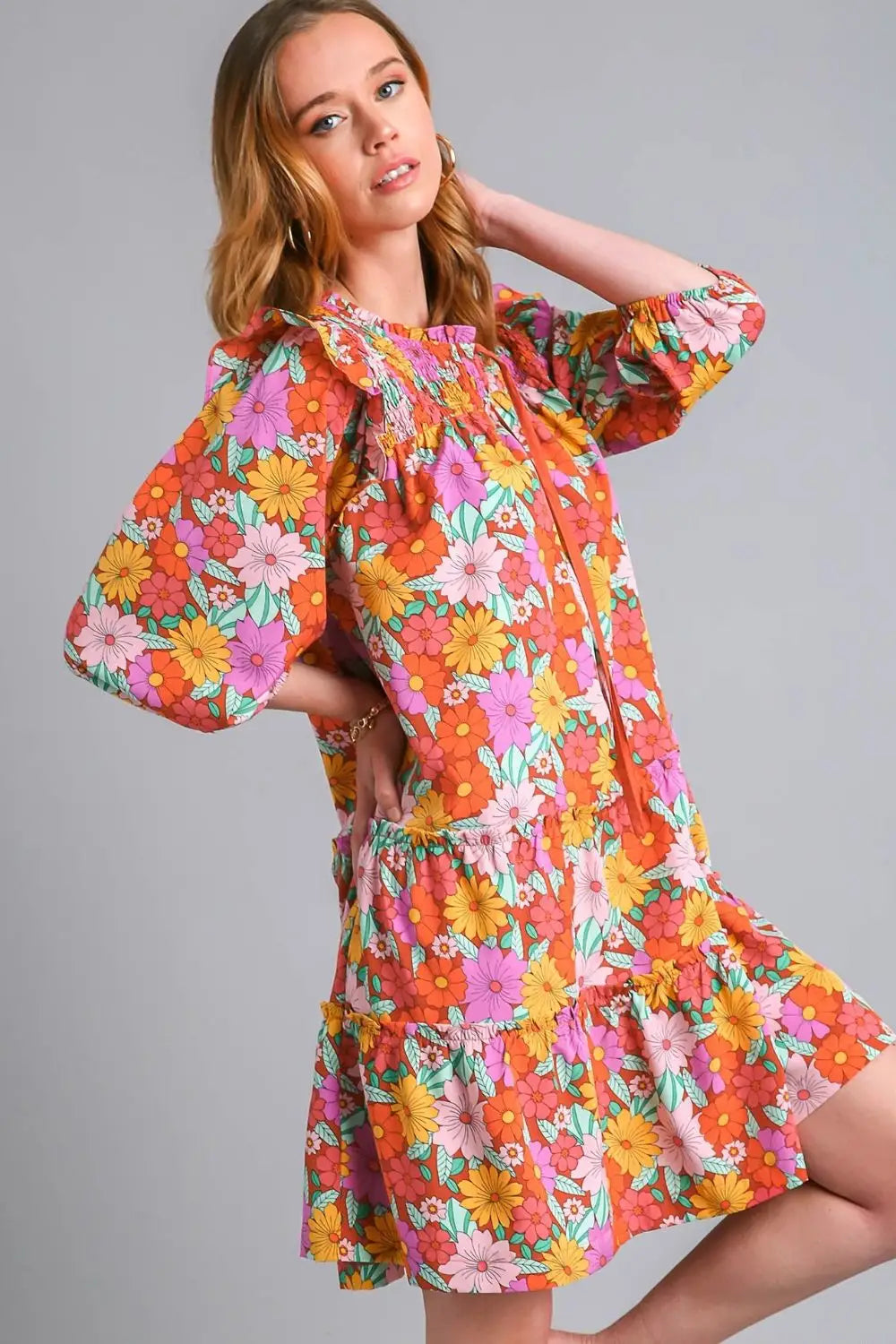 Umgee Full Size Ruffled Flower Print Tie Neck Tiered Dress Plus Size - dress
