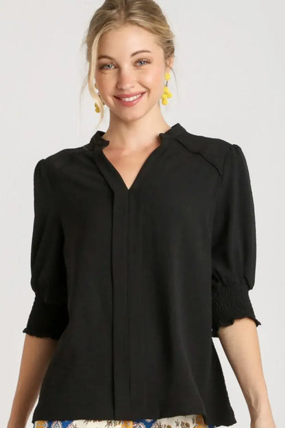 Umgee Full Size Split Neck Boxy Cut Top with Piping Details Plus Size - Black / S