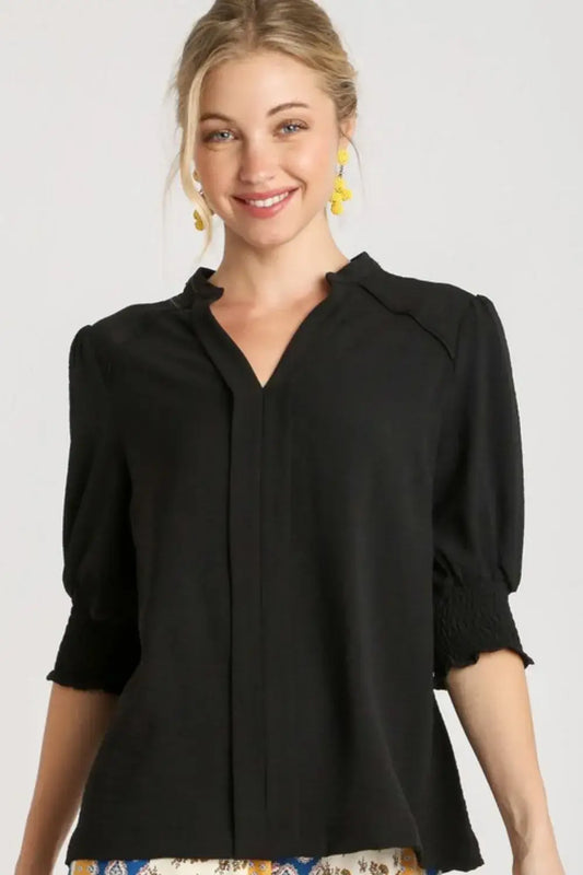 Umgee Full Size Split Neck Boxy Cut Top with Piping Details Plus Size - Black / S