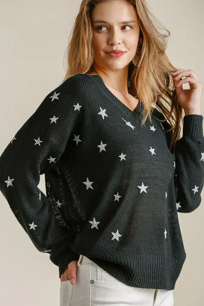 Umgee Full Size Star V-Neck Long Sleeve Sweater Plus Size - Black / S