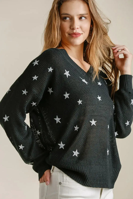 Umgee Full Size Star V-Neck Long Sleeve Sweater Plus Size - Black / S