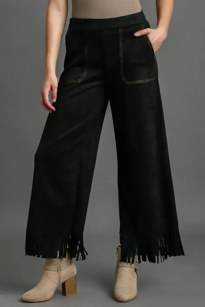 Umgee Full Size Suede Fringe Hem Wide Leg Pants Plus Size - Black / S - Bottoms