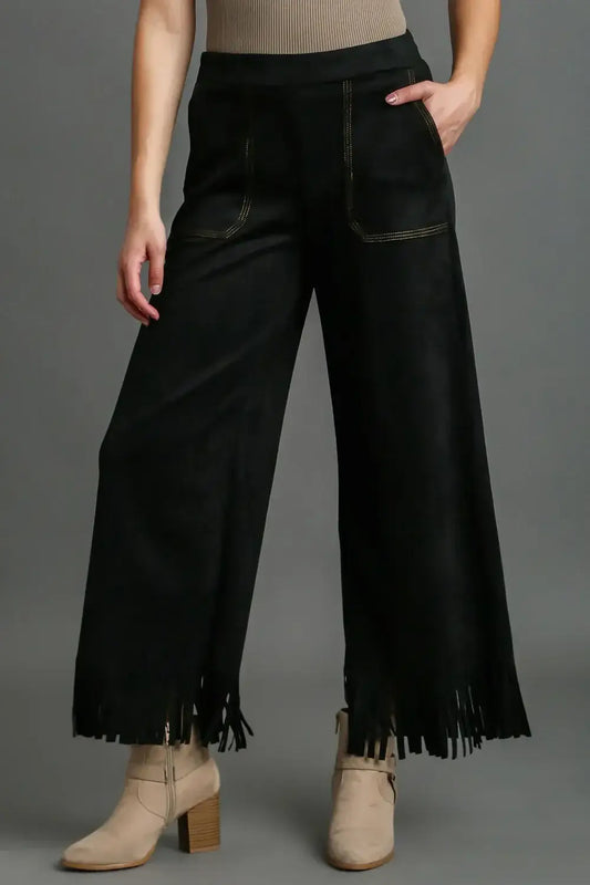 Umgee Full Size Suede Fringe Hem Wide Leg Pants Plus Size - Black / S - Bottoms