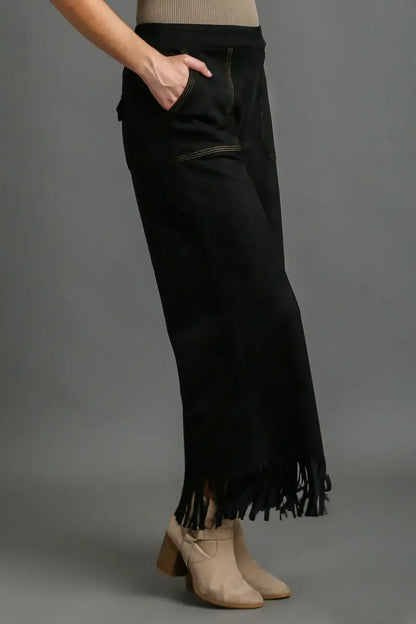 Umgee Full Size Suede Fringe Hem Wide Leg Pants Plus Size - Bottoms