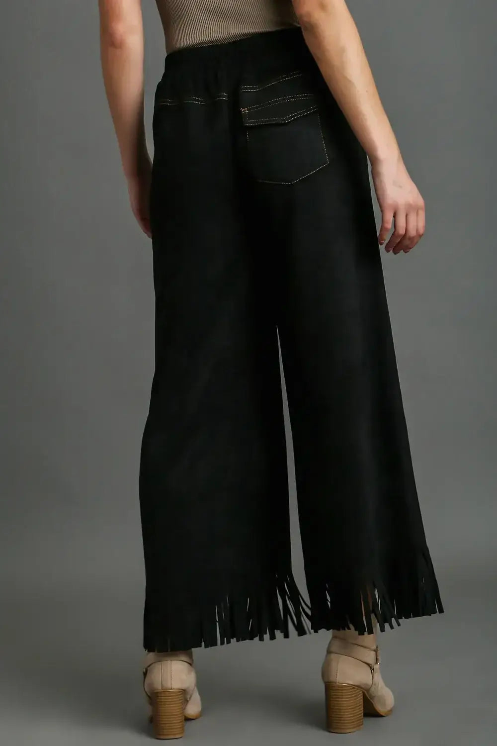 Umgee Full Size Suede Fringe Hem Wide Leg Pants Plus Size - Bottoms