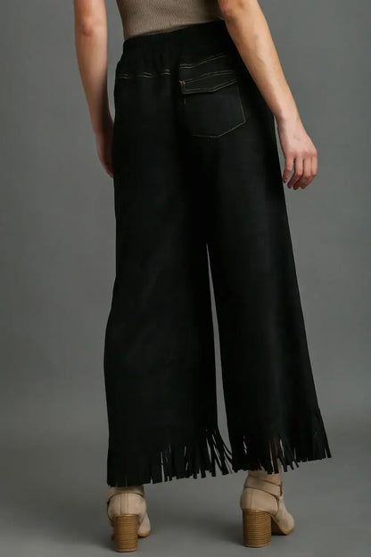 Umgee Full Size Suede Fringe Hem Wide Leg Pants Plus Size - Bottoms