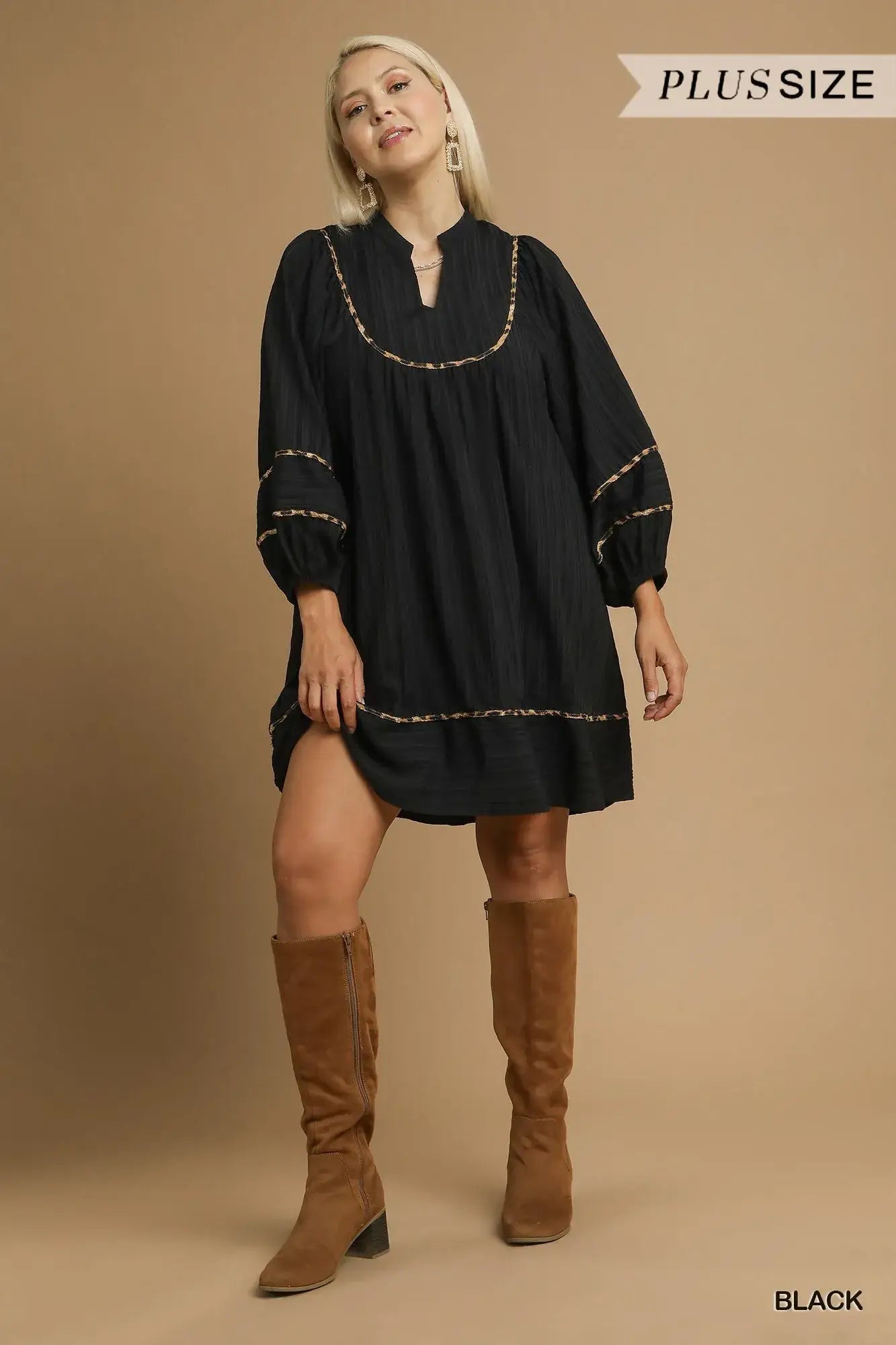 Umgee Full Size Textured Babydoll Dress with Leopard Trim Plus Size - Leopard Trim Plus Size
