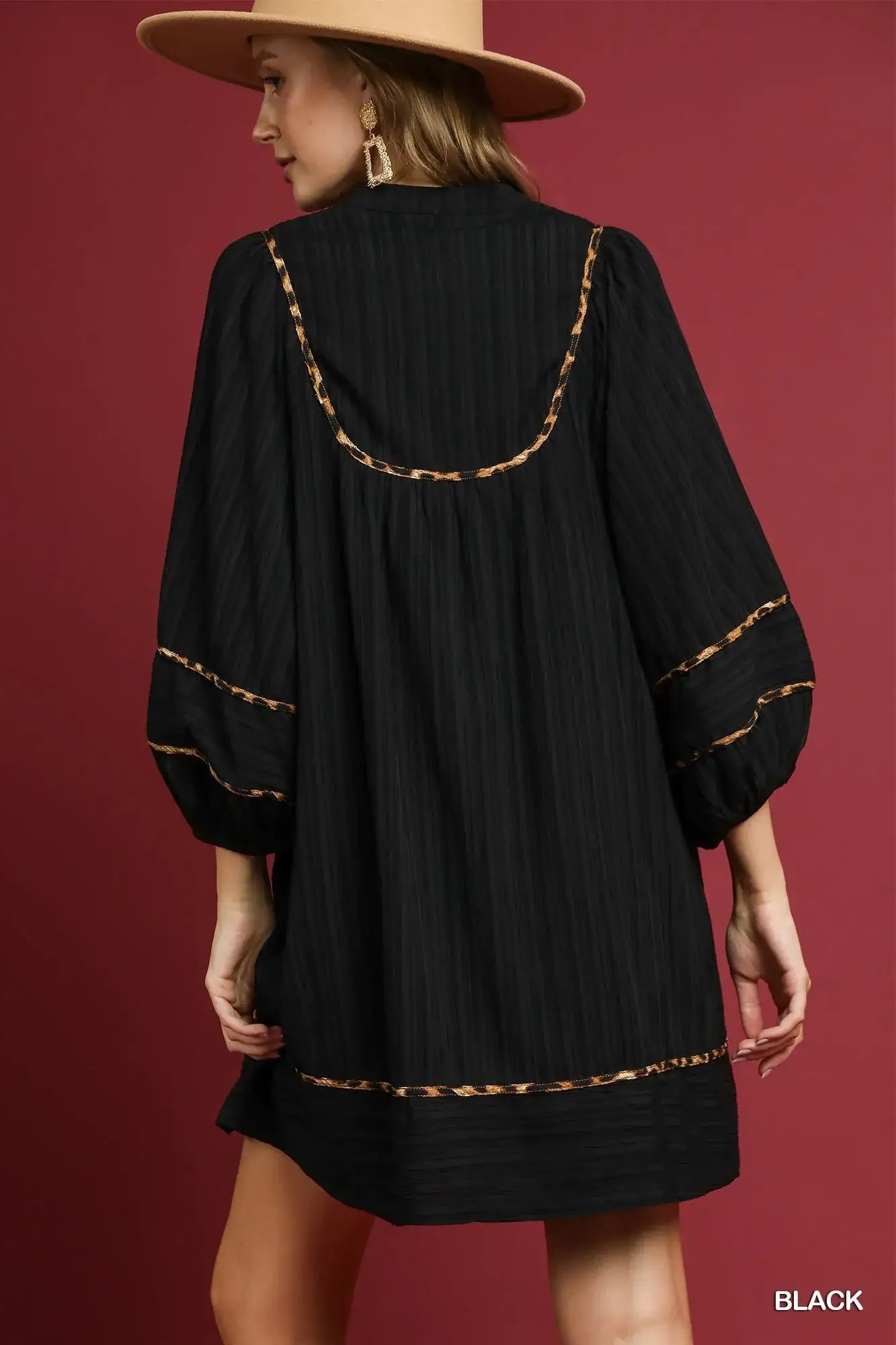 Umgee Full Size Textured Babydoll Dress with Leopard Trim Plus Size - Leopard Trim Plus Size