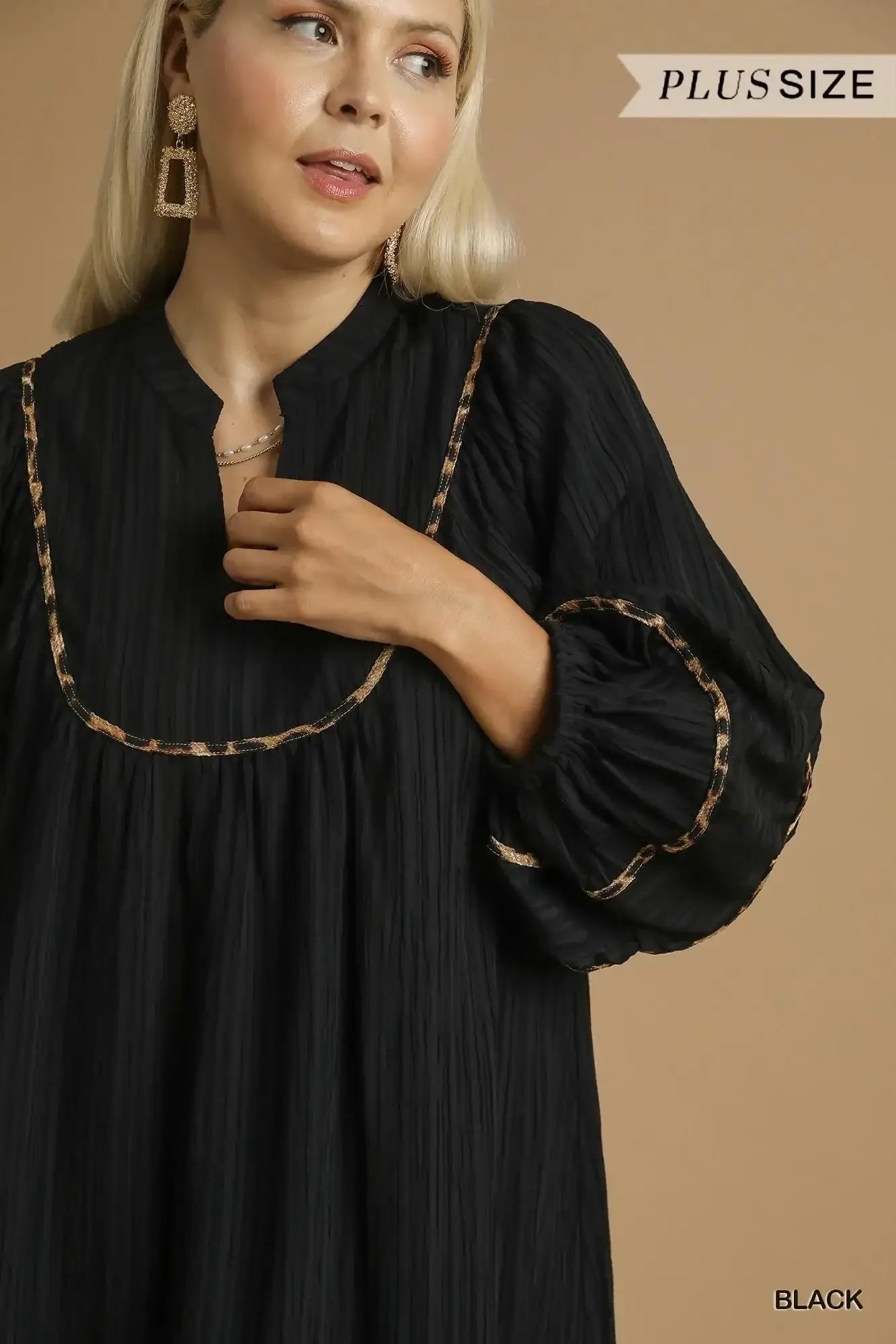 Umgee Full Size Textured Babydoll Dress with Leopard Trim Plus Size - Leopard Trim Plus Size