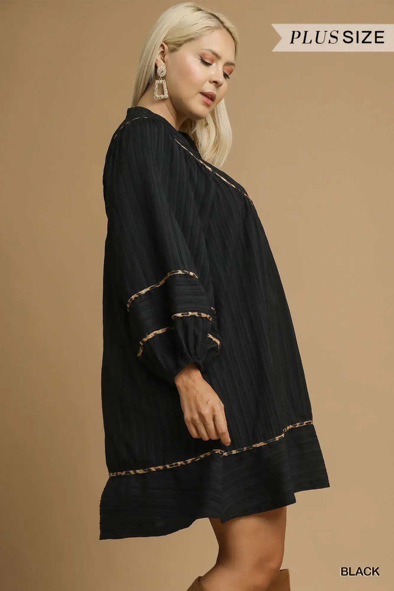 Umgee Full Size Textured Babydoll Dress with Leopard Trim Plus Size - Leopard Trim Plus Size