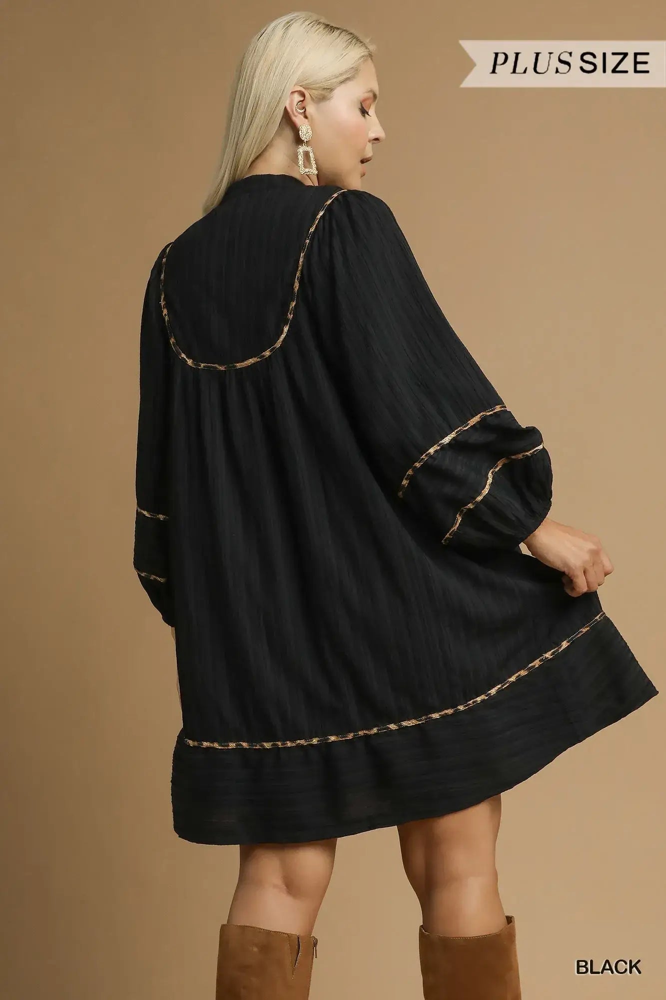 Umgee Full Size Textured Babydoll Dress with Leopard Trim Plus Size - Leopard Trim Plus Size