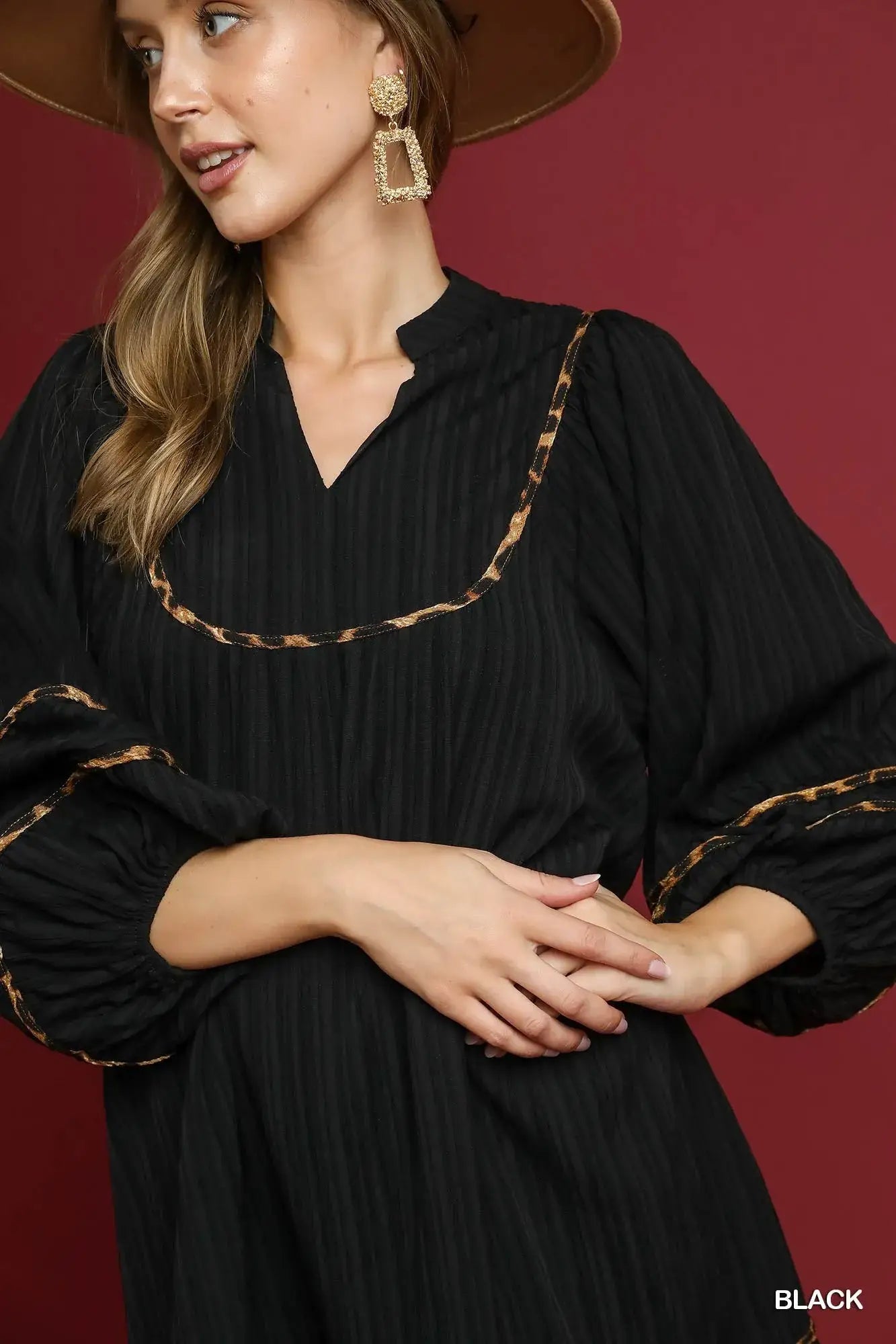 Umgee Full Size Textured Babydoll Dress with Leopard Trim Plus Size - Leopard Trim Plus Size