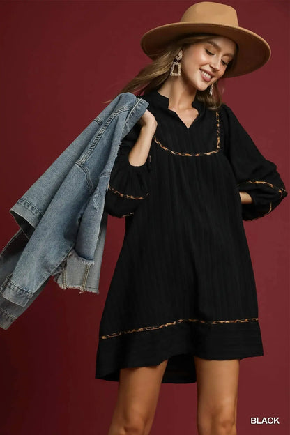 Umgee Full Size Textured Babydoll Dress with Leopard Trim Plus Size - Black / S - Leopard Trim Plus Size